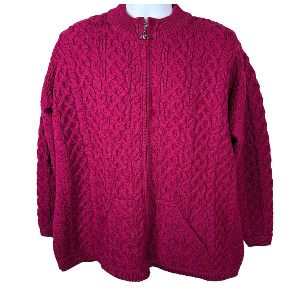 Aran Crafts Ireland Magenta 100% Merino Wool Cable Knit Zip Cardigan Womens XXL